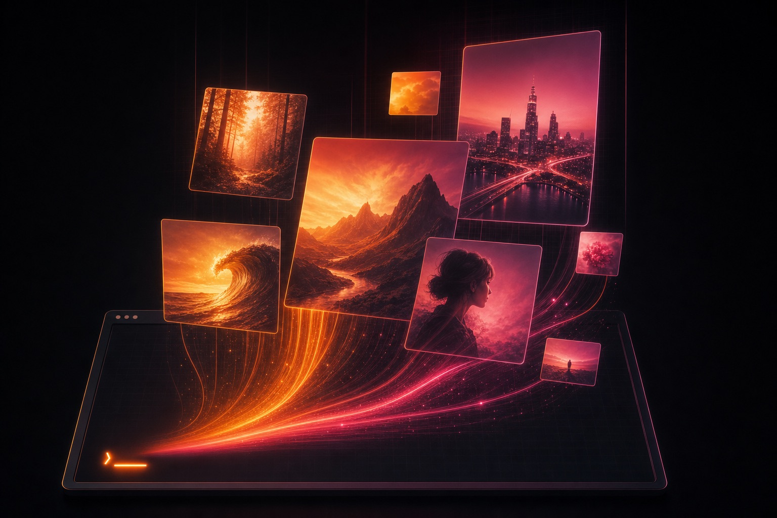 Images materializing from a glowing terminal prompt in warm orange and magenta light