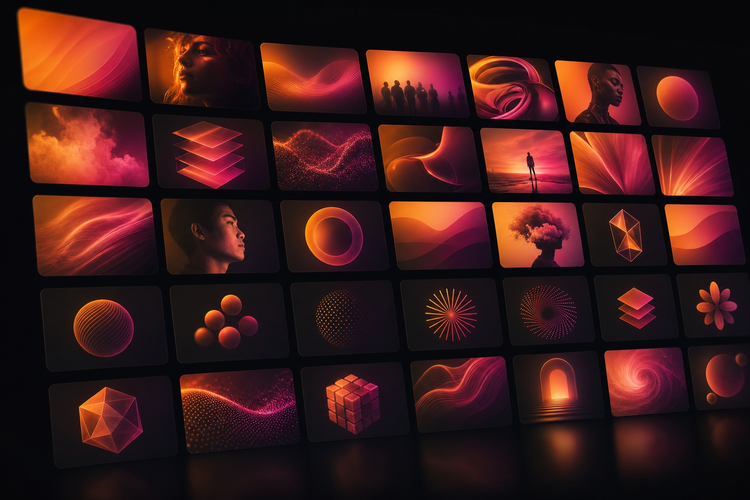 A grid of generated brand assets glowing in warm orange and magenta tones